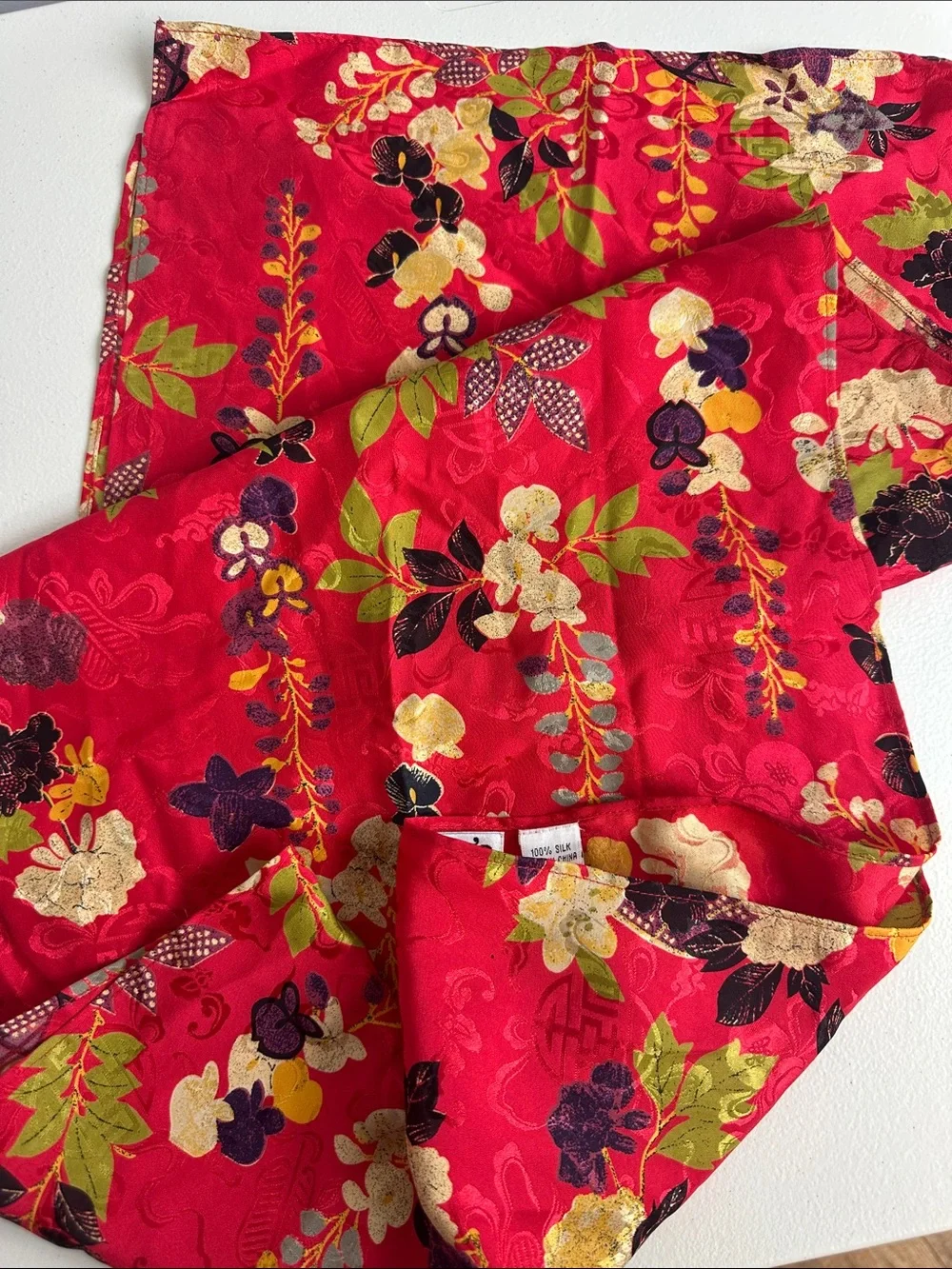 NWT Chicos Vintage Deadstock 100% Silk Lotus Blossom Oriental Inspired Red Scarf